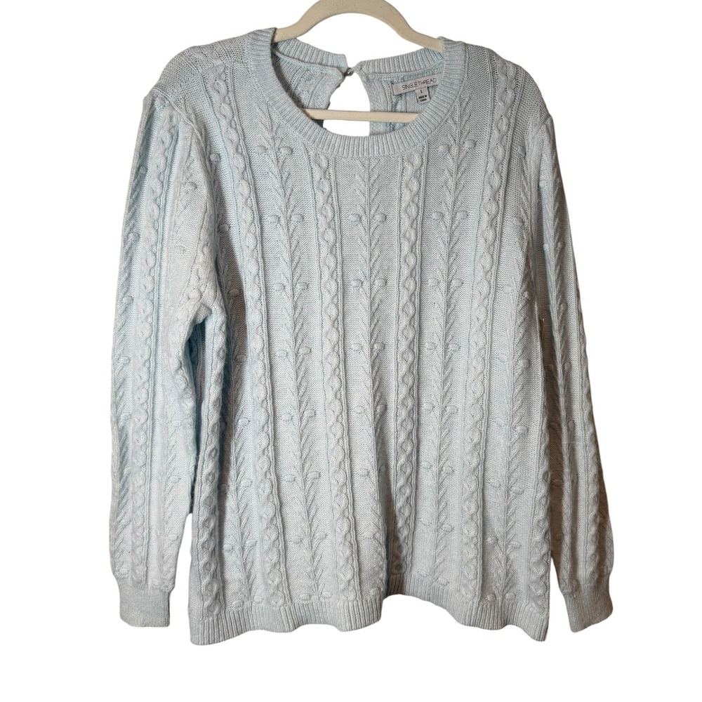 NWT Single Thread Ice Melt Blue Cable Knit Keyhole Back Sweater Large Winter - Picture 3 of 9